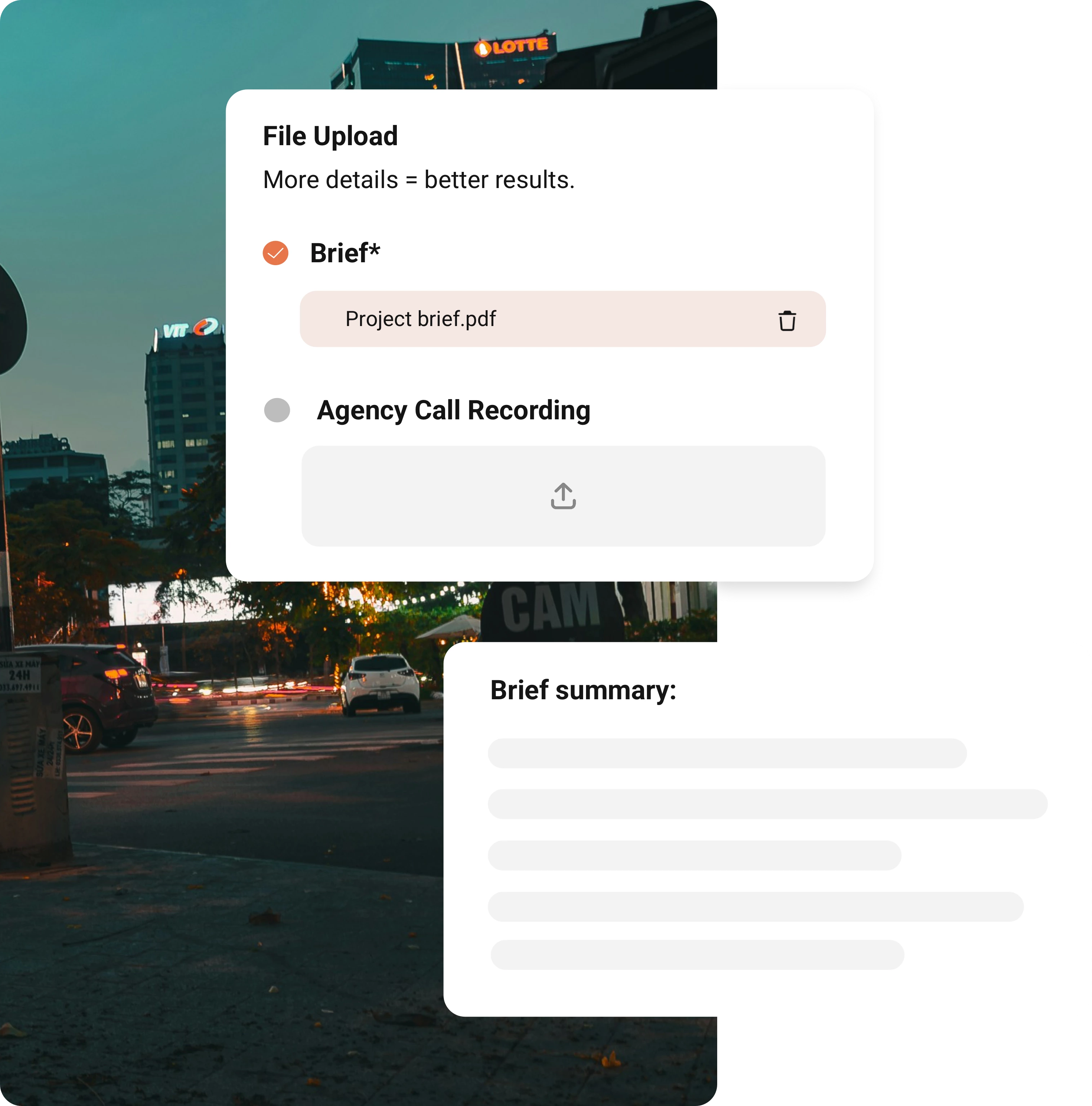 Upload brief and agency call recording step in Treatment Studio AI