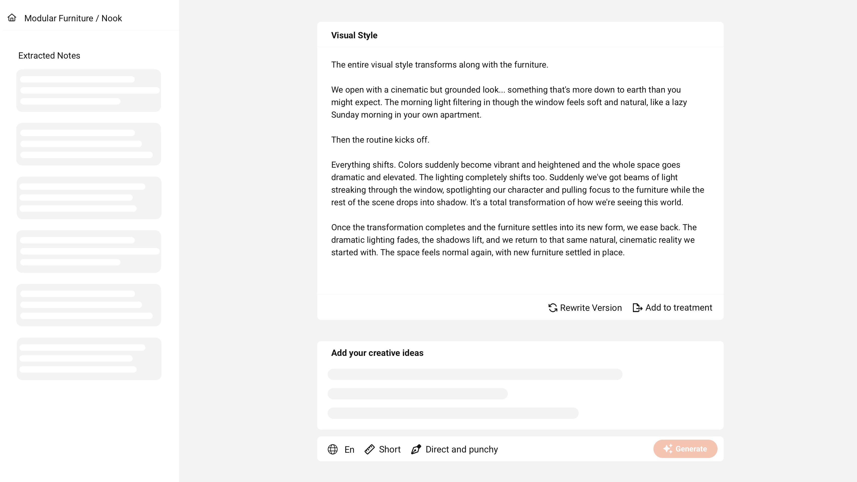 Treatment Studio AI dashboard interface showing treatment writing workspace